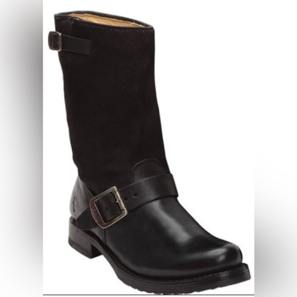 Frye buckle-bedecked calf hair shaft and stacked leather heel in black. Size 6.5